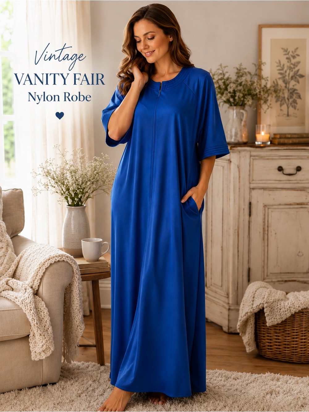 Vintage 60’s 70’s Vanity Fair Blue Nylon Zip Front Robe Housecoat Robe Medium